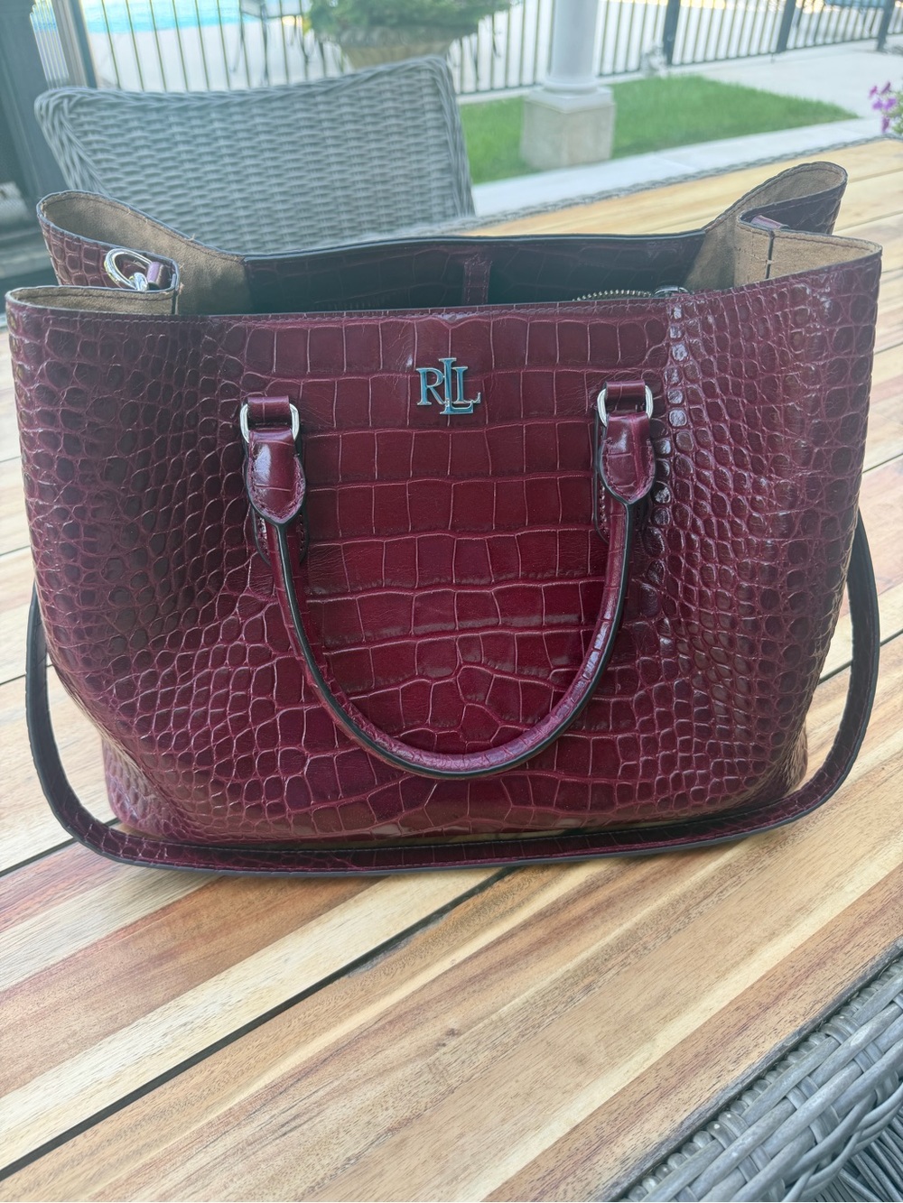 Ralph Lauren Croc-Embossed Burgundy Leather Tote